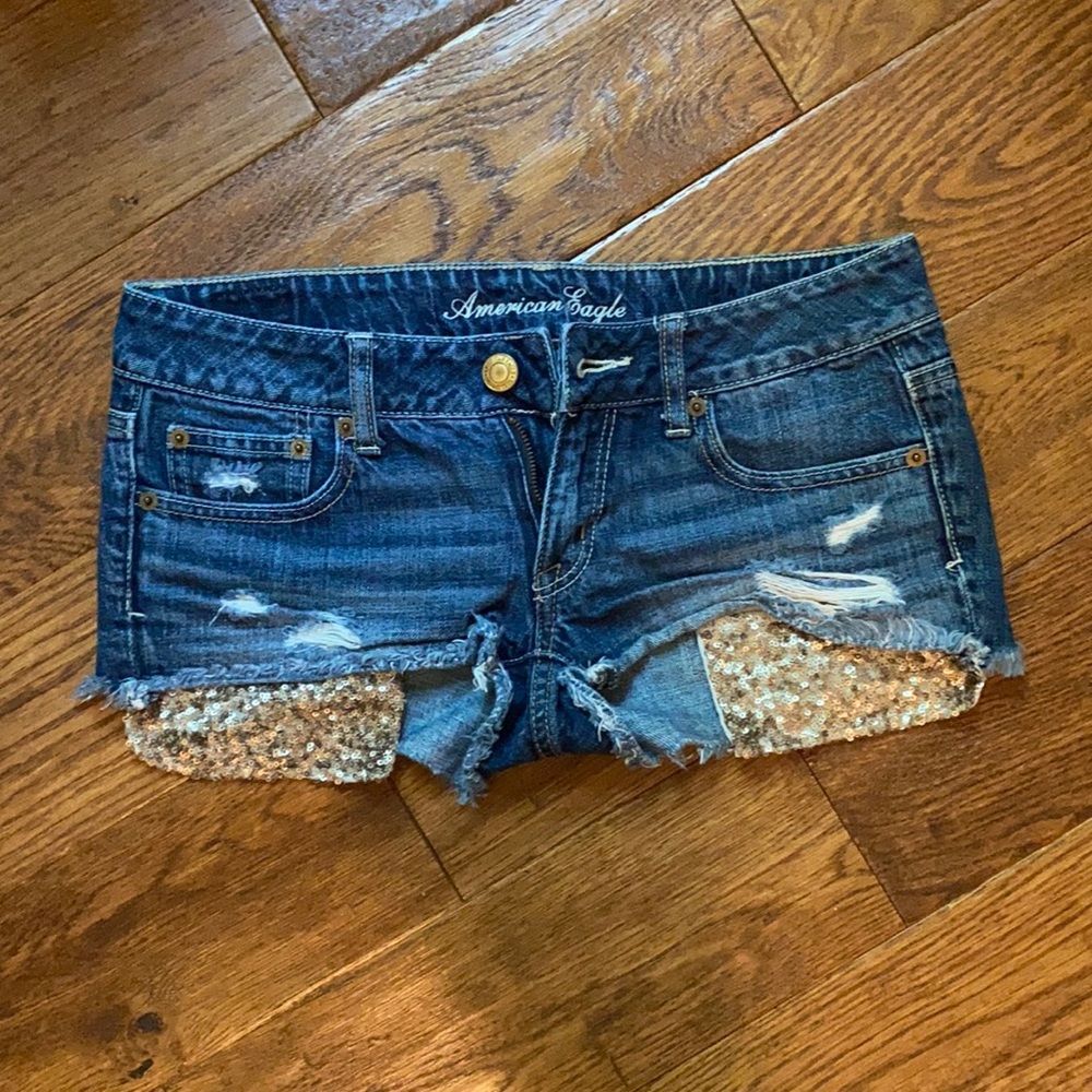 American eagle jean shorts with gold sequin pocket